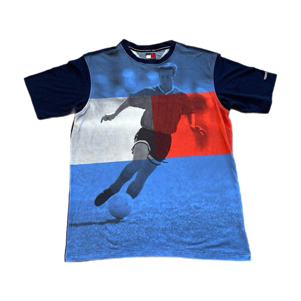 Vintage Tommy Hilfiger‎ Shirt Men's XL AOP Soccer Y2k Retro Blue Sports